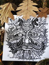 Load image into Gallery viewer, Green man print- Spring symbol - Linocut print on 8x8 bristol paper
