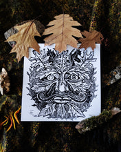 Load image into Gallery viewer, Green man print- Spring symbol - Linocut print on 8x8 bristol paper
