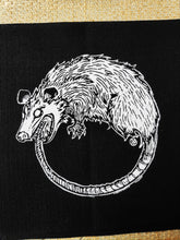 Load image into Gallery viewer, Ouroboropossum patch - Opossum eating its tail - Screen printing on black fabric
