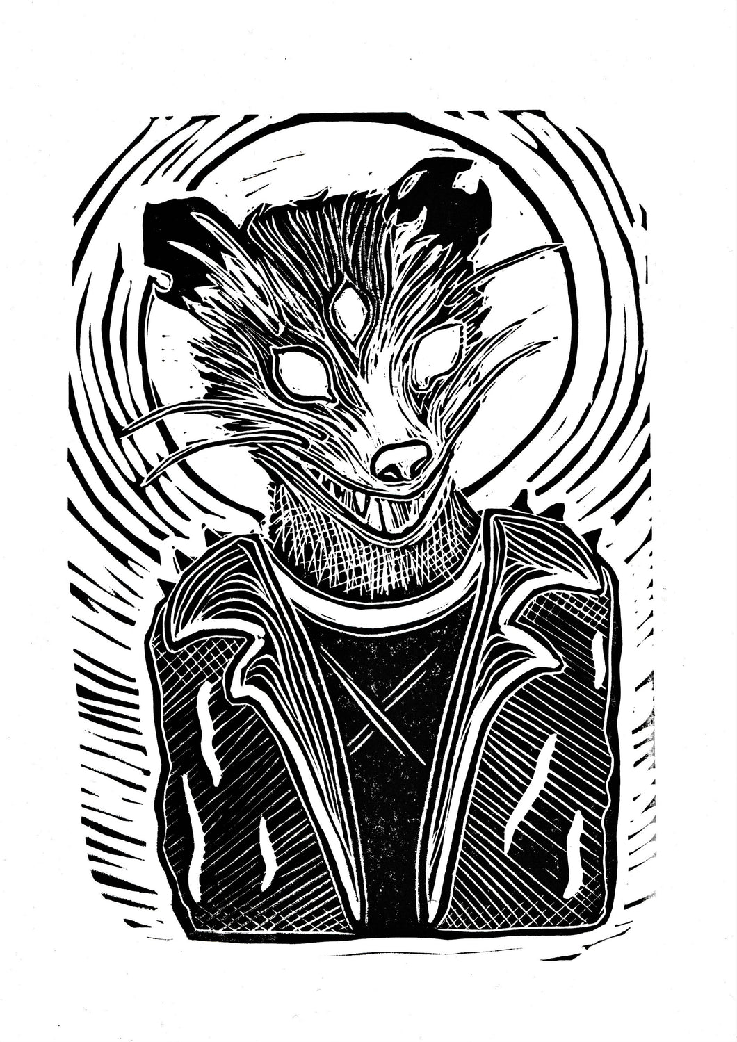 Punk opossum print- linocut print on paper- original art