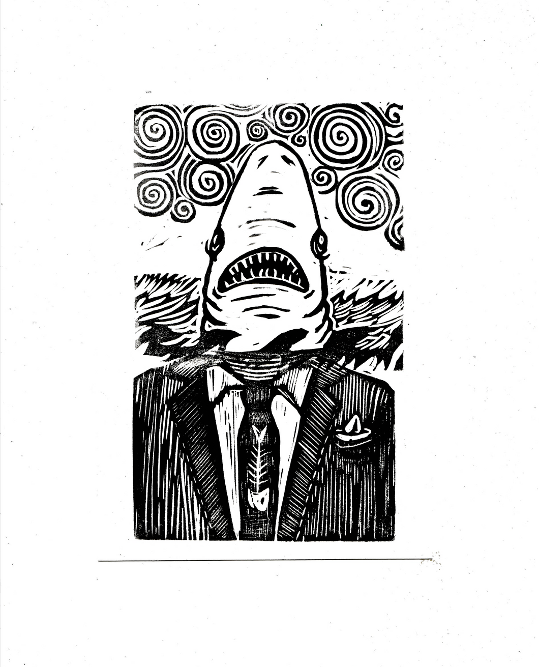 Shark in a suit mini print - 5x7 mini linocut print