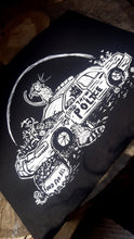 Load image into Gallery viewer, Anarchist critters on a police car - Defund the police/food for all  - Screen printing on black fabric
