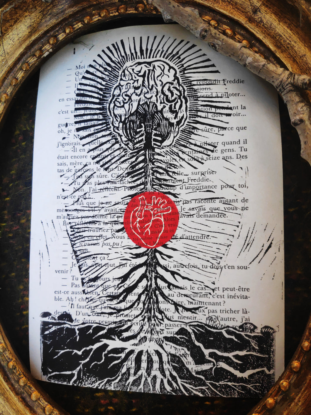 Cerebral roots - Linocut print on book page