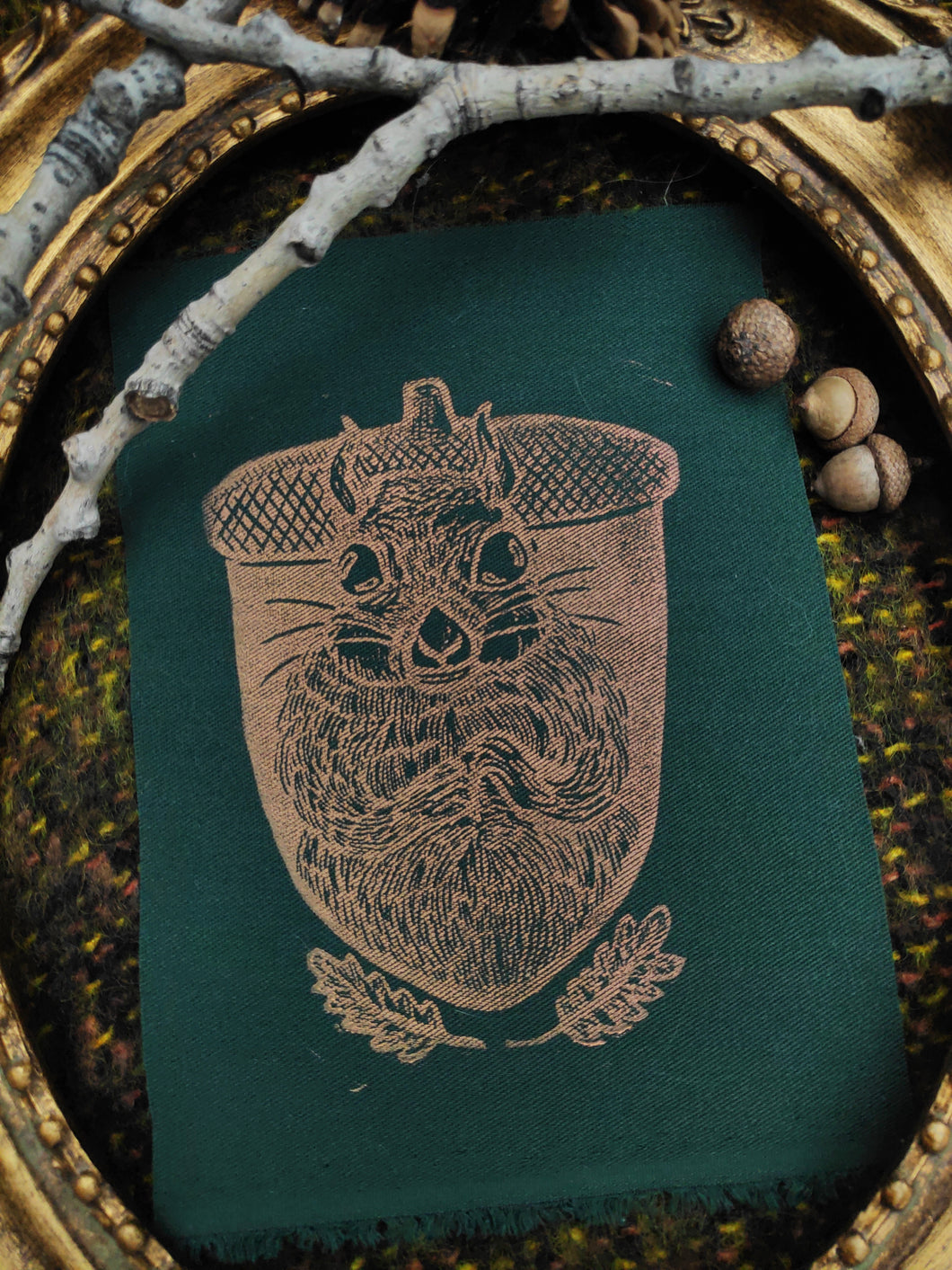 Squirrel patch - Linocut patch on recycled fabric