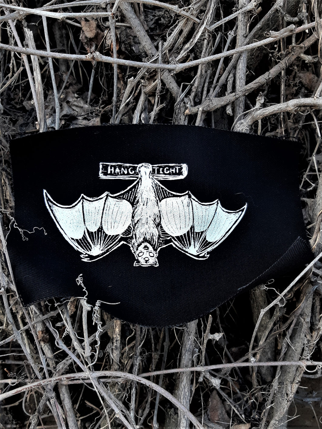 Bat patch - Flying fox upside down - Screen printing on black fabric