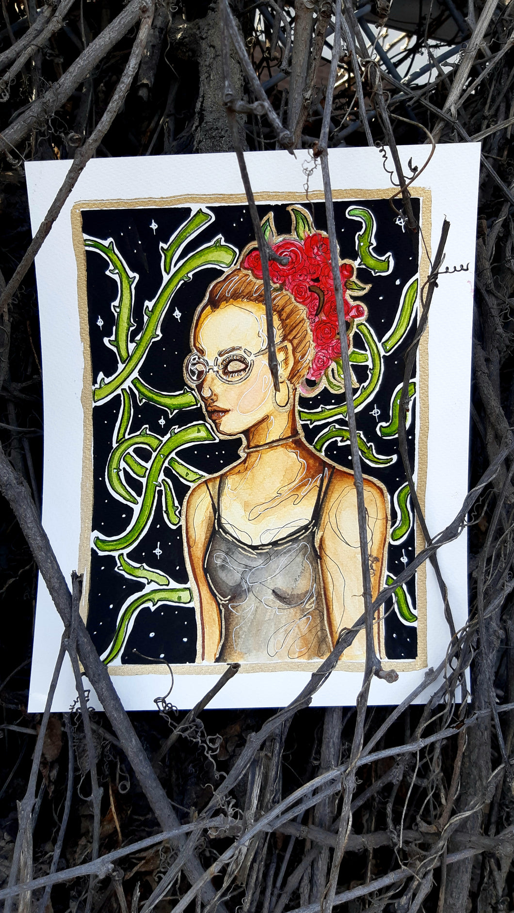 Watercolor and ink portait ( roses ) - One of a kind