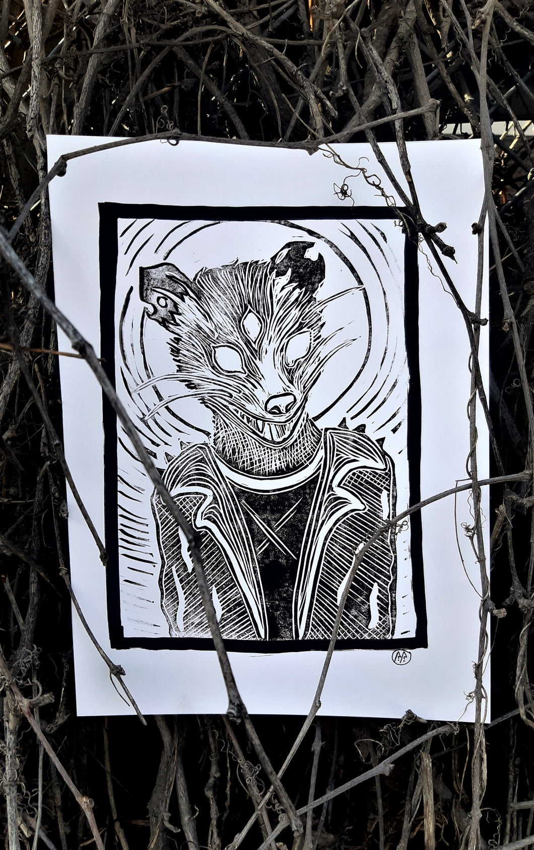 Punk rock opossum print- linocut print on paper- original art