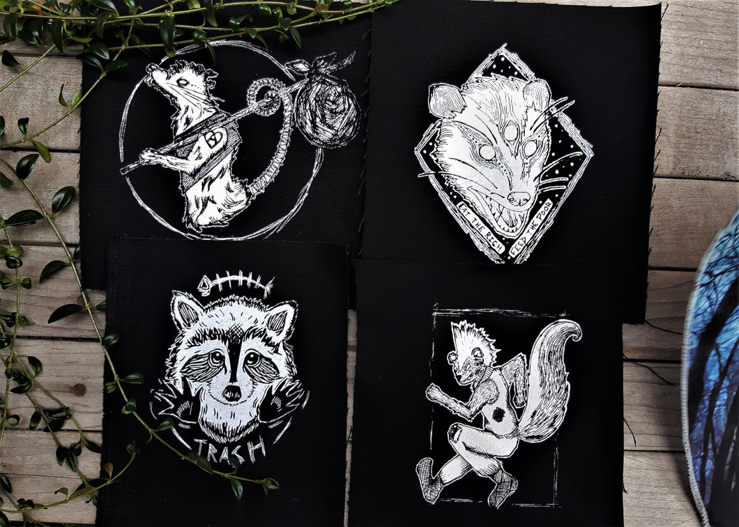 Pack of 4 Trash punk critters patches - Opossum, rat, racoon and skunk -  Screen printing on black fabric