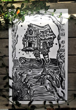 Load image into Gallery viewer, Baba yaga hut print - Cabin with chicken legs - linocut print on paper
