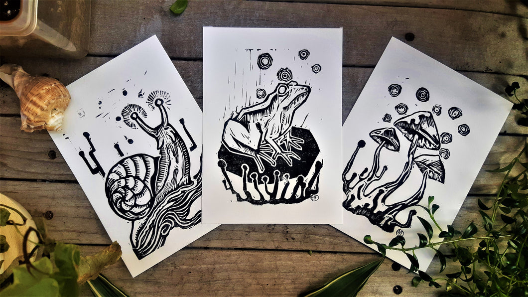 Small creatures mini prints trio ( 3 ) - Linocut prints bundle, mini print on paper - original art