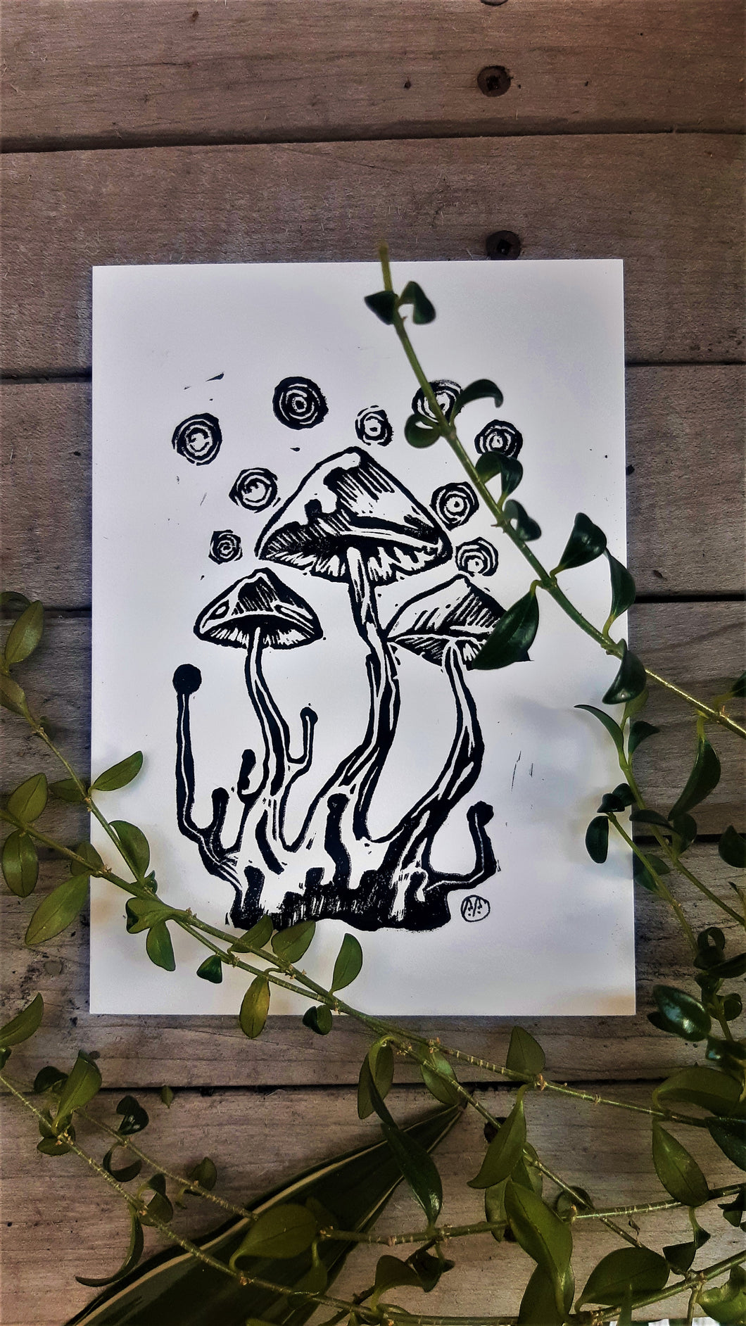 Fungi mini print- Mushrooms linocut print on paper - original art