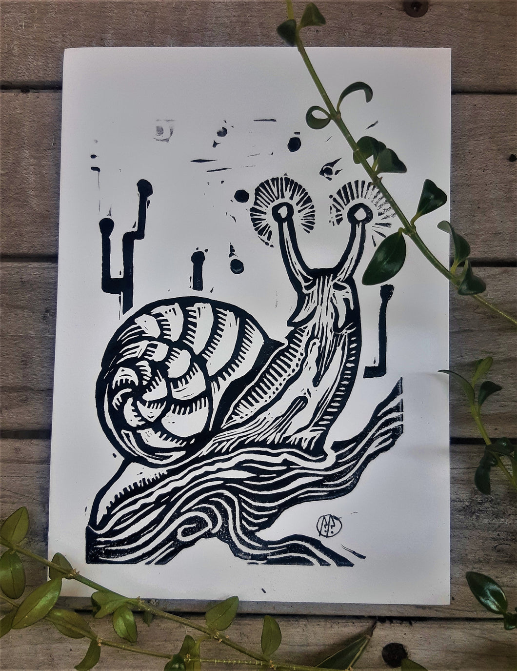 Snail mini print- snail linocut print on paper - original art