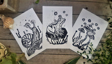 Load image into Gallery viewer, Small creatures mini prints trio ( 3 ) - Linocut prints bundle, mini print on paper - original art
