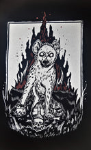 Load image into Gallery viewer, Hyena patch - Pope, King and Cop skulls with flames - White and red ink - Screen printing on black fabric
