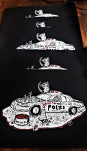 Load image into Gallery viewer, Anarchist critters on a police car - Defund the police/food for all - White and red ink - Screen printing on black fabric
