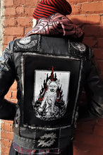 Load image into Gallery viewer, Hyena Backpatch - Pope, King and Cop skulls with flames - White and red ink - Screen printing on black fabric
