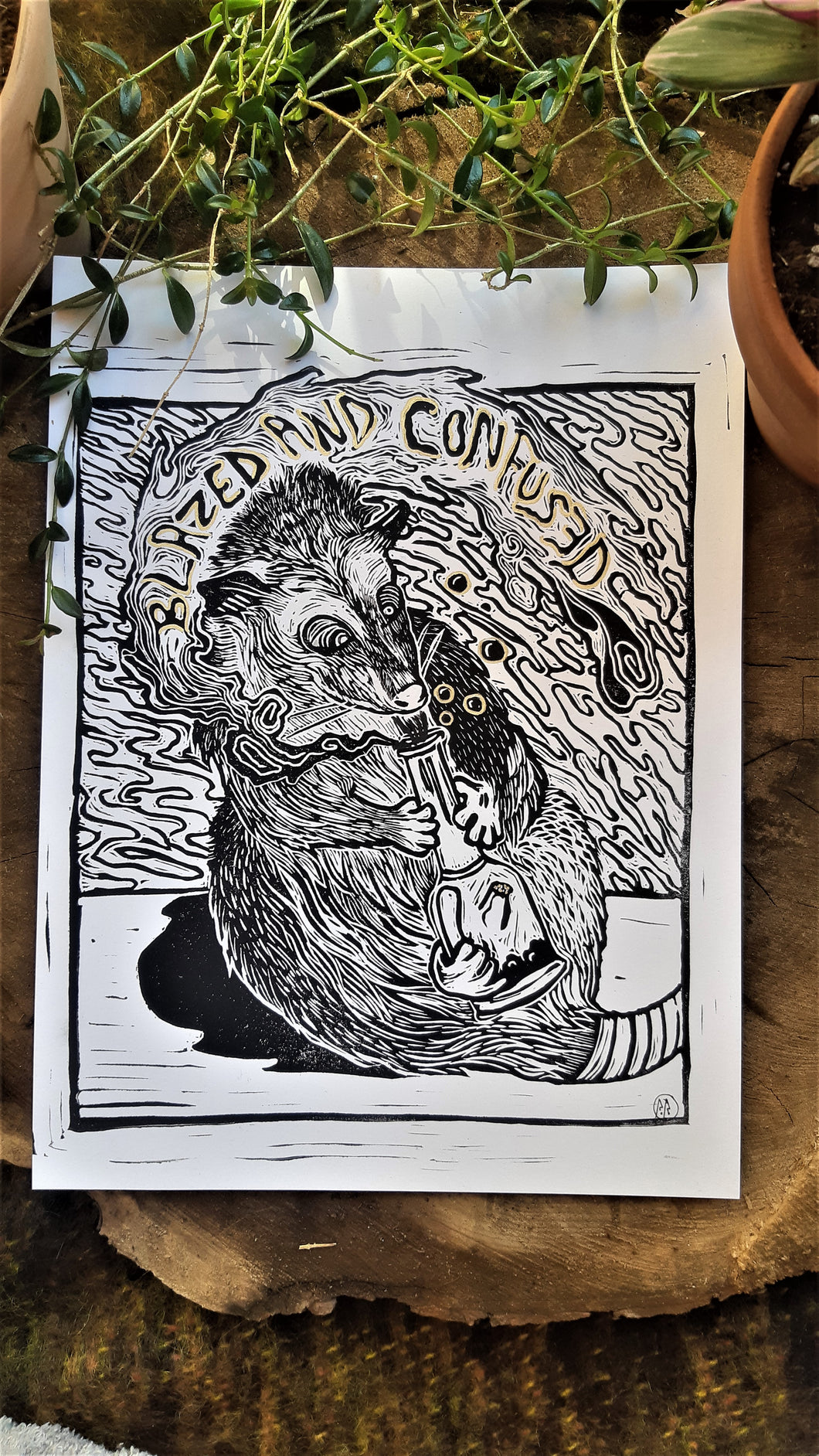 Blazed and confused print - Trippy opossum - linocut print on paper