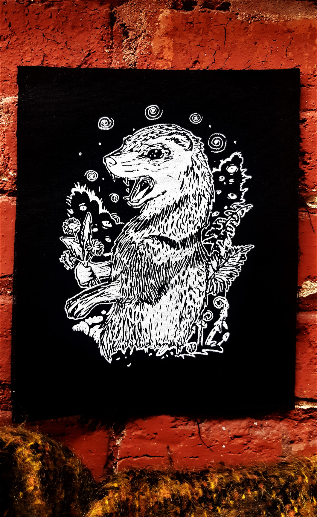 Wild ferret patch - Screen printing on black fabric