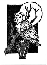 Load image into Gallery viewer, Barn owl in forest print- 3 eyed owl linocut print on paper - original art
