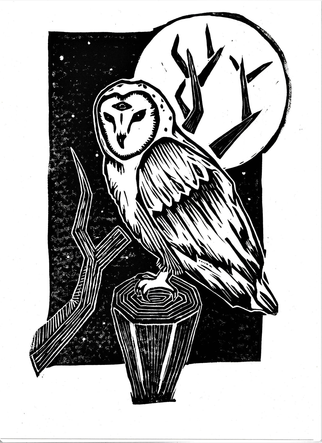 Barn owl in forest print- 3 eyed owl linocut print on paper - original art