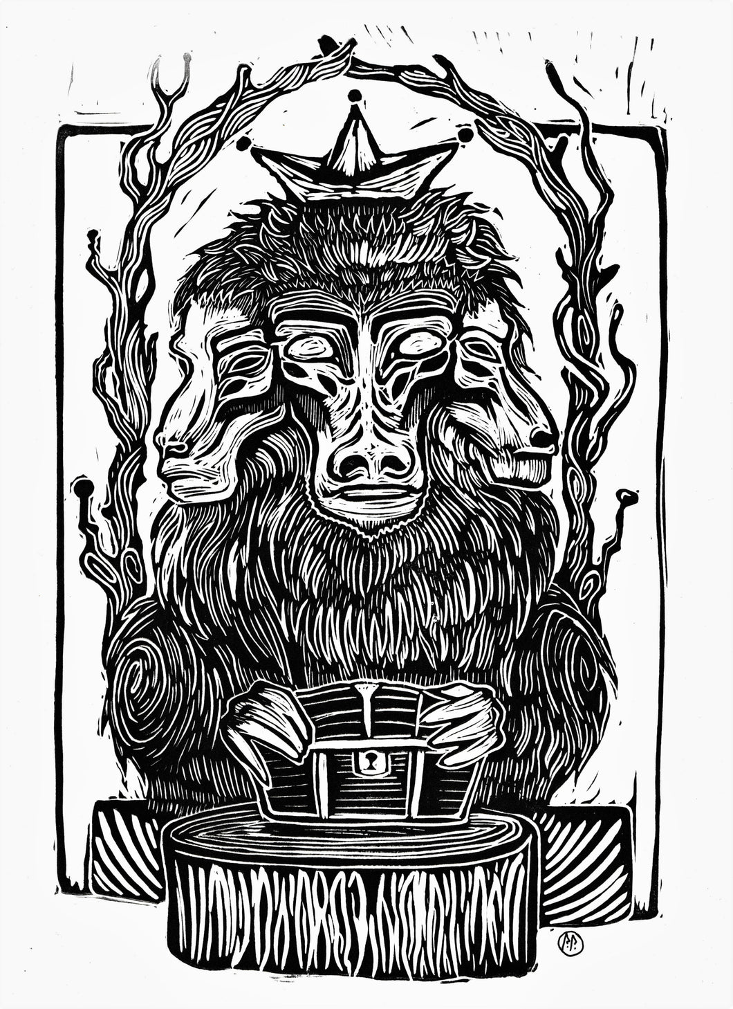 Monkey king of the forest- 3 headed monkey linocut print on paper - original art