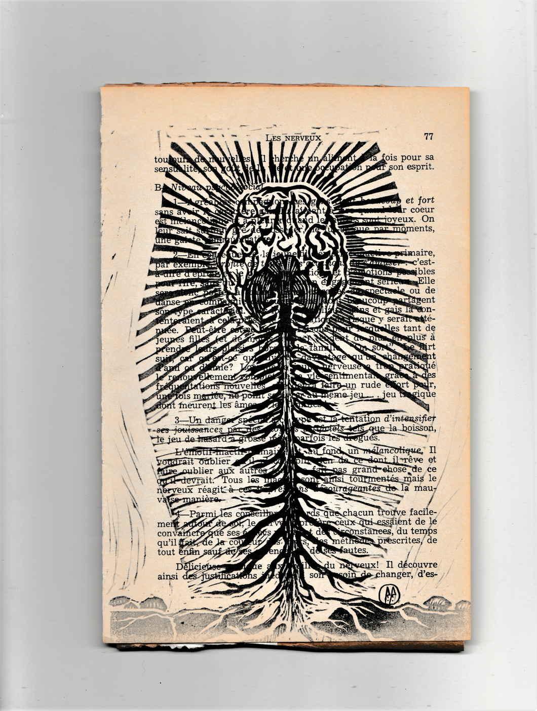 Cerebral roots - Linocut print on book page