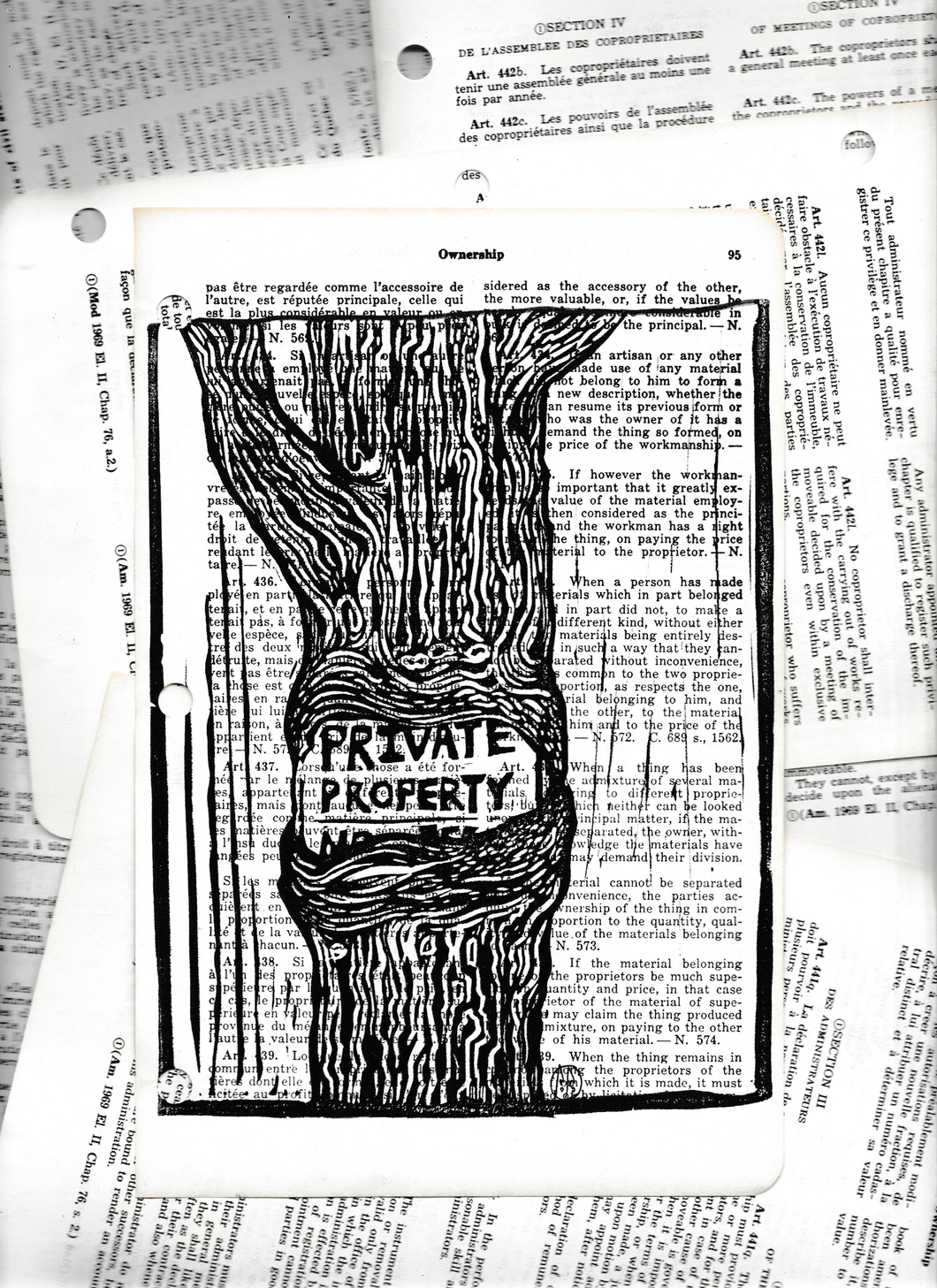 Private property - Tree linocut print on civil code book page