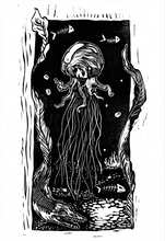 Load image into Gallery viewer, Dark sea jellyfish and sea monster  print - linocut print on paper- original art
