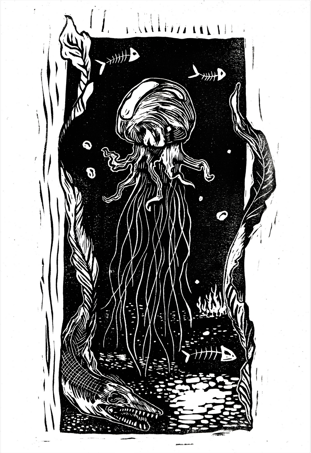 Dark sea jellyfish and sea monster  print - linocut print on paper- original art