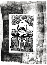 Load image into Gallery viewer, Shark in a suit mini print - 5x7 mini linocut print

