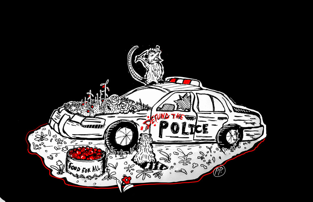 Anarchist critters on a police car - Defund the police/food for all - White and red ink - Screen printing on black fabric