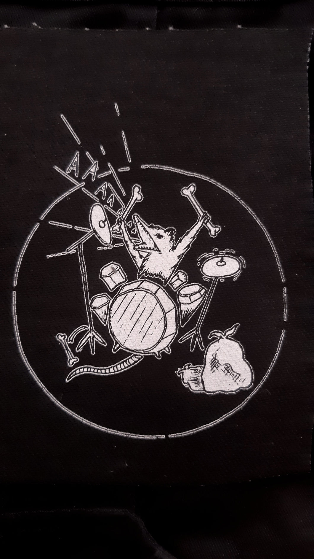 Punk drummer trash opossum patch  - Screen printing on black fabric