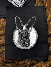 Load image into Gallery viewer, Jackalope patch- 3 eyed bunny with horns - Screen printing on black fabric
