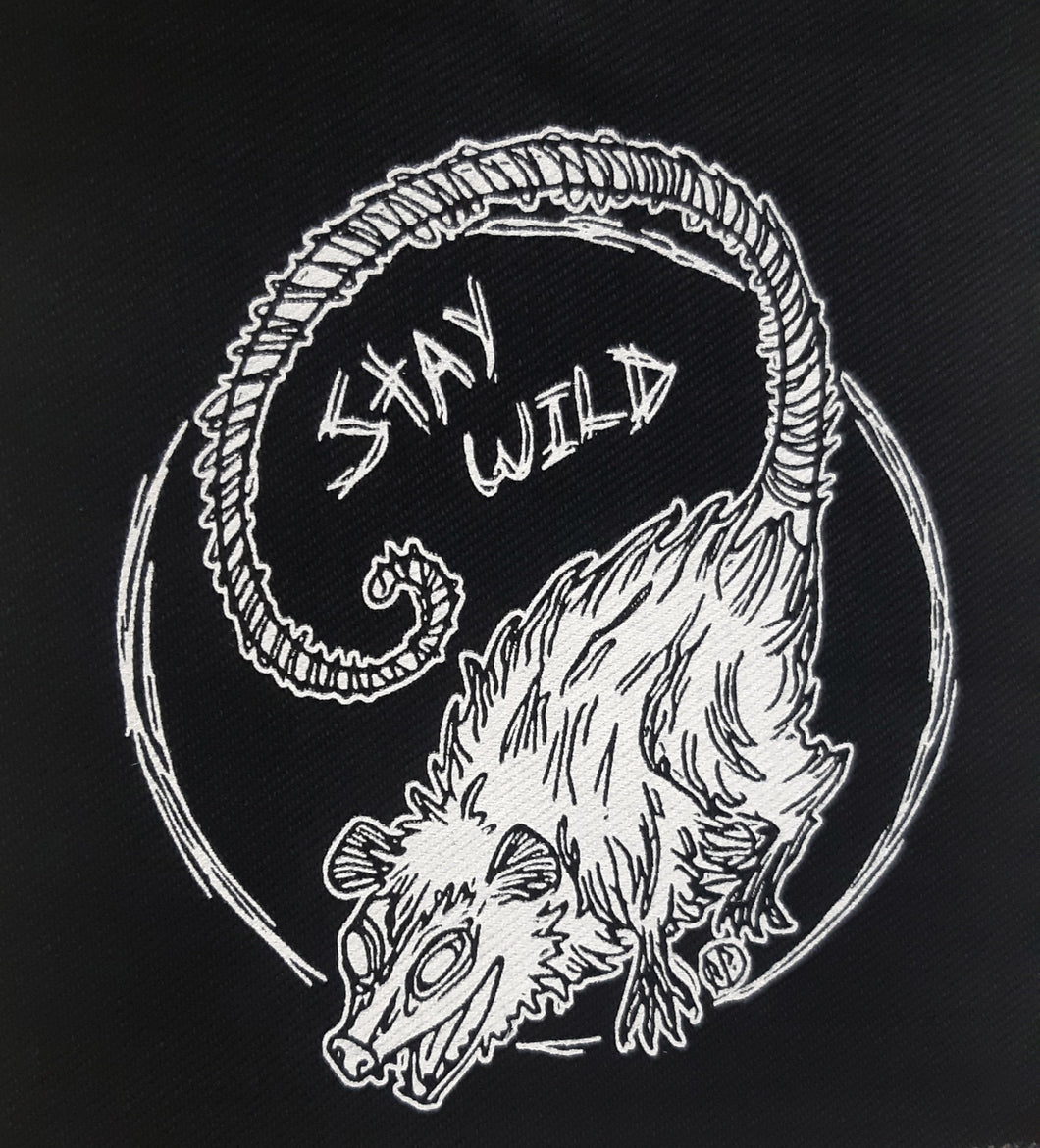 Wild trash possum patch - Stay wild - Screen printing on black fabric