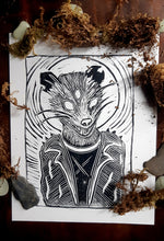 Load image into Gallery viewer, Punk opossum print- linocut print on paper- original art

